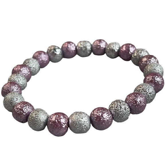 Light pink & silver metallic foiled round glass stretchy beaded bracelet NEW - Picture 3 of 3